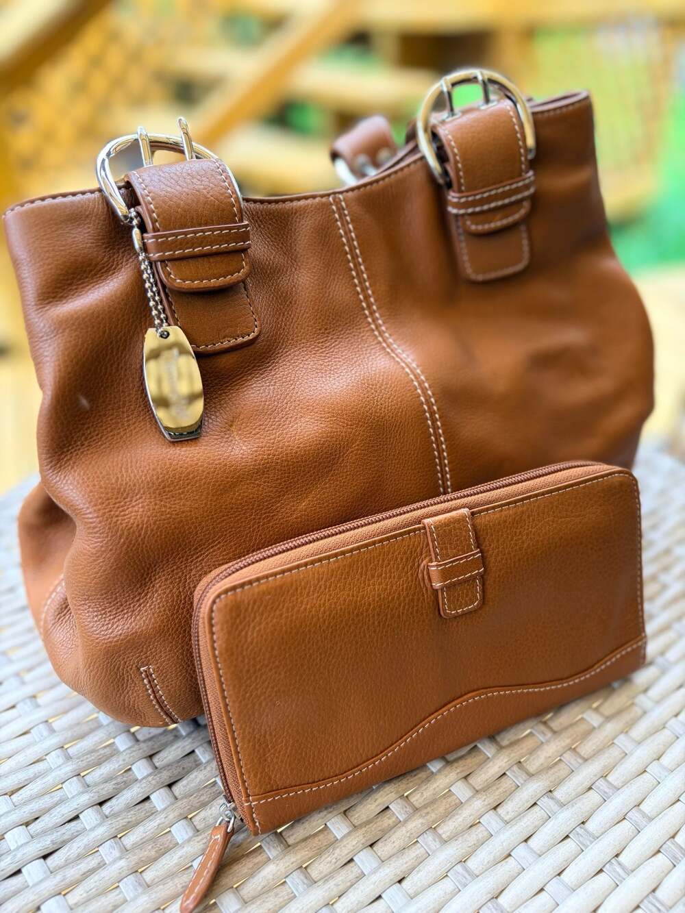 Tignanello Brown Genuine Leather Shoulder Tote Bag and Matching Wallet Set